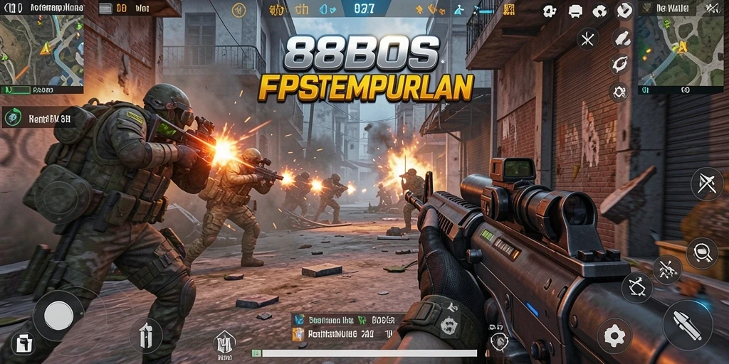 Tampilan gameplay intens dalam pertempuran FPS di 88BOS.