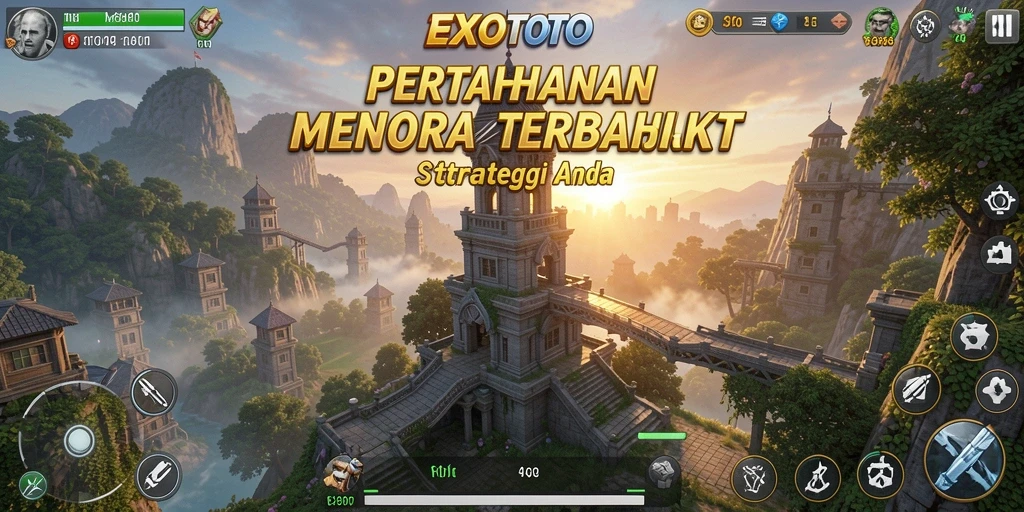 Screenshot gameplay EXOTOTO memperlihatkan momen seru dalam pertahanan menara.