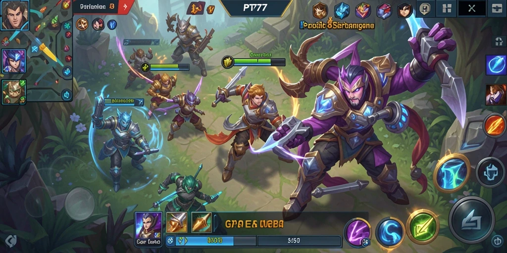 Screenshot PT777 menampilkan pertempuran seru antara dua tim dalam arena MOBA.
