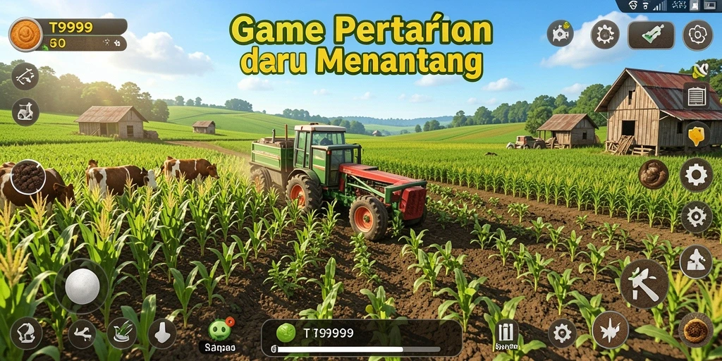 Screenshot gameplay T9999 menampilkan suasana pertanian yang ceria.