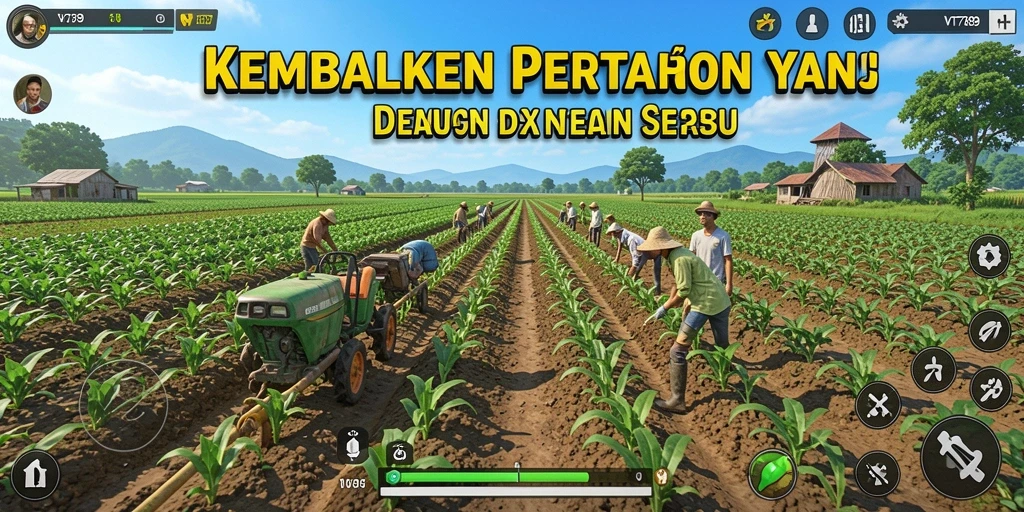 Gameplay VT789 yang menampilkan ladang hijau subur dan tanaman beragam.